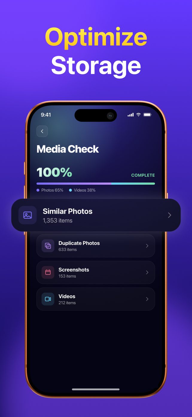 Media Check screen in Roomy with Similar Photos, Duplicate Photos, Screenshots and Videos